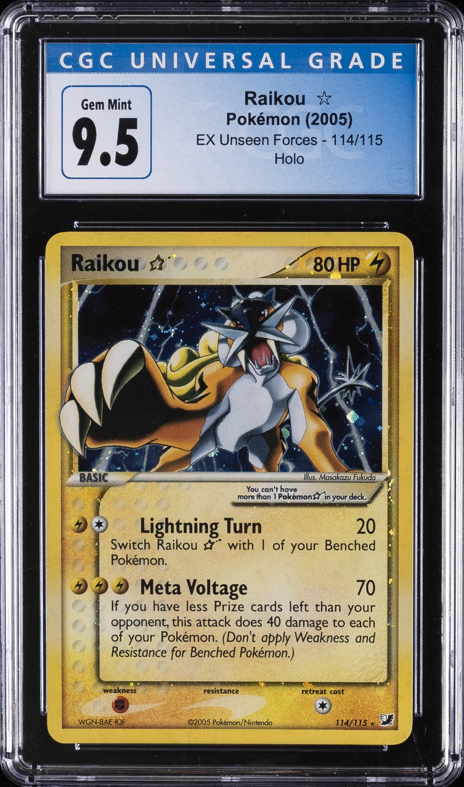 2005 POKEMON EX UNSEEN FORCES HOLO #114 RAIKOU CGC 9.5