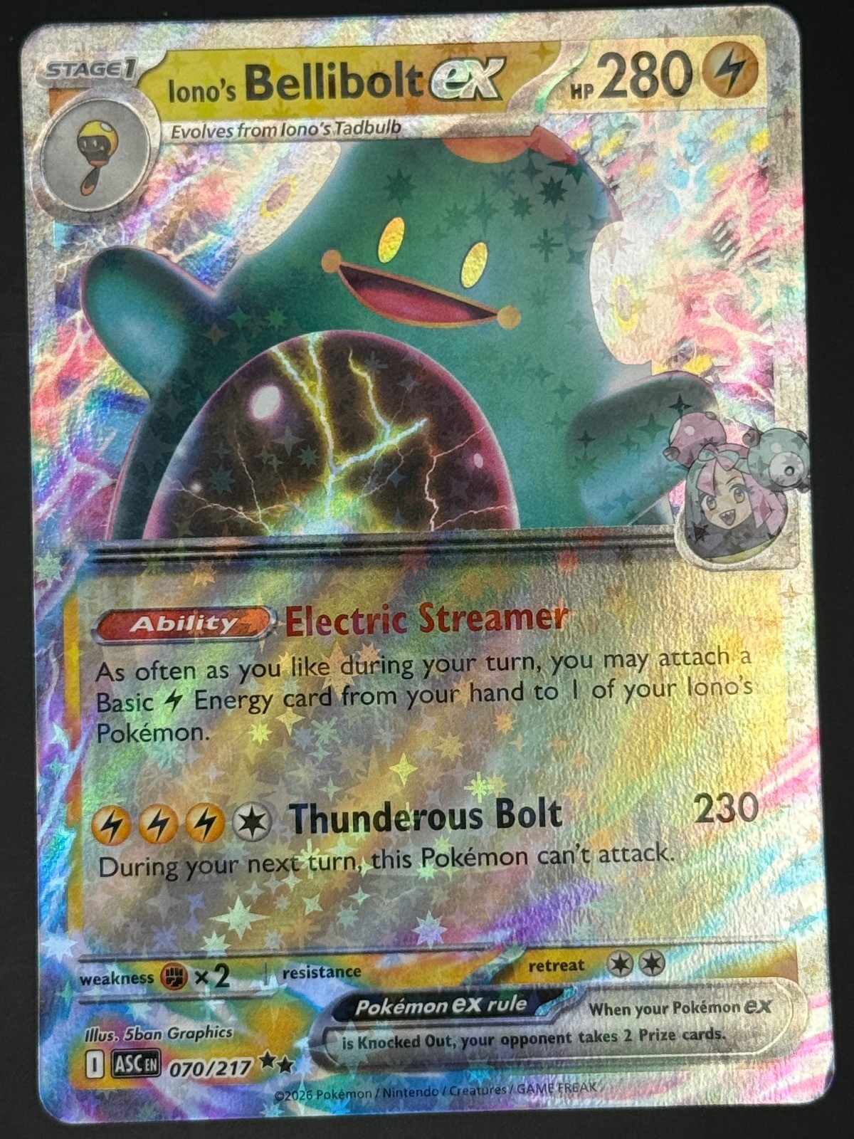 IONO’S BELLIBOLT EX 070/217 DOUBLE RARE ASCENDED HEROES POKEMON HOLO NM/M