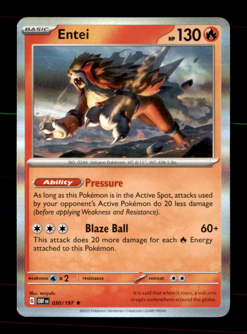 Entei 030/197 Rare Obsidian Flames Pokemon Holo Near Mint