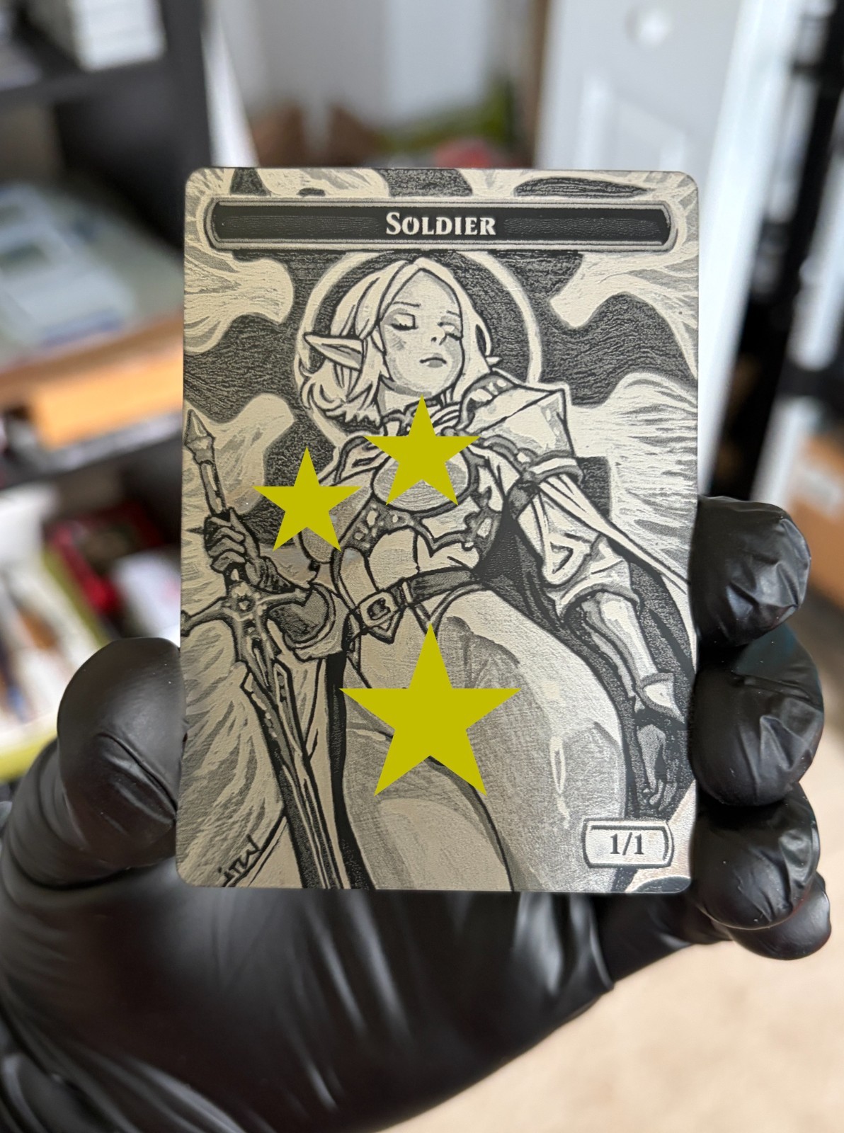 Magic MTG Laser Engraved Steel Soldier Token Anime Girl by white_alters