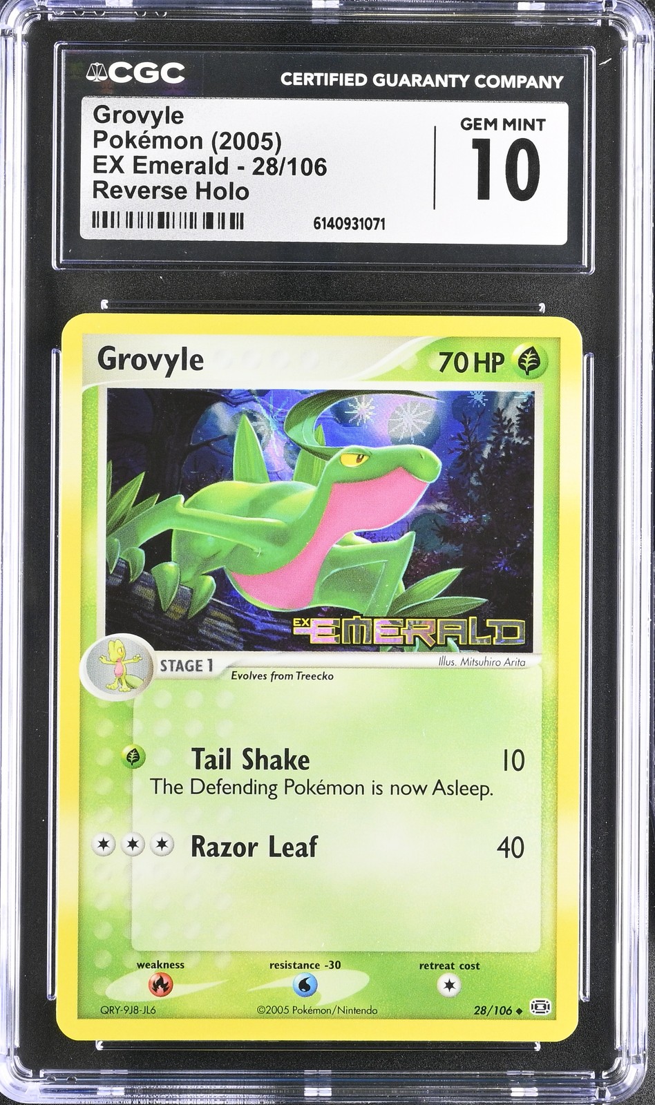 CGC 10 GEM MINT Grovyle 28/106 EX Emerald Reverse Holo Stamped Pokemon Card