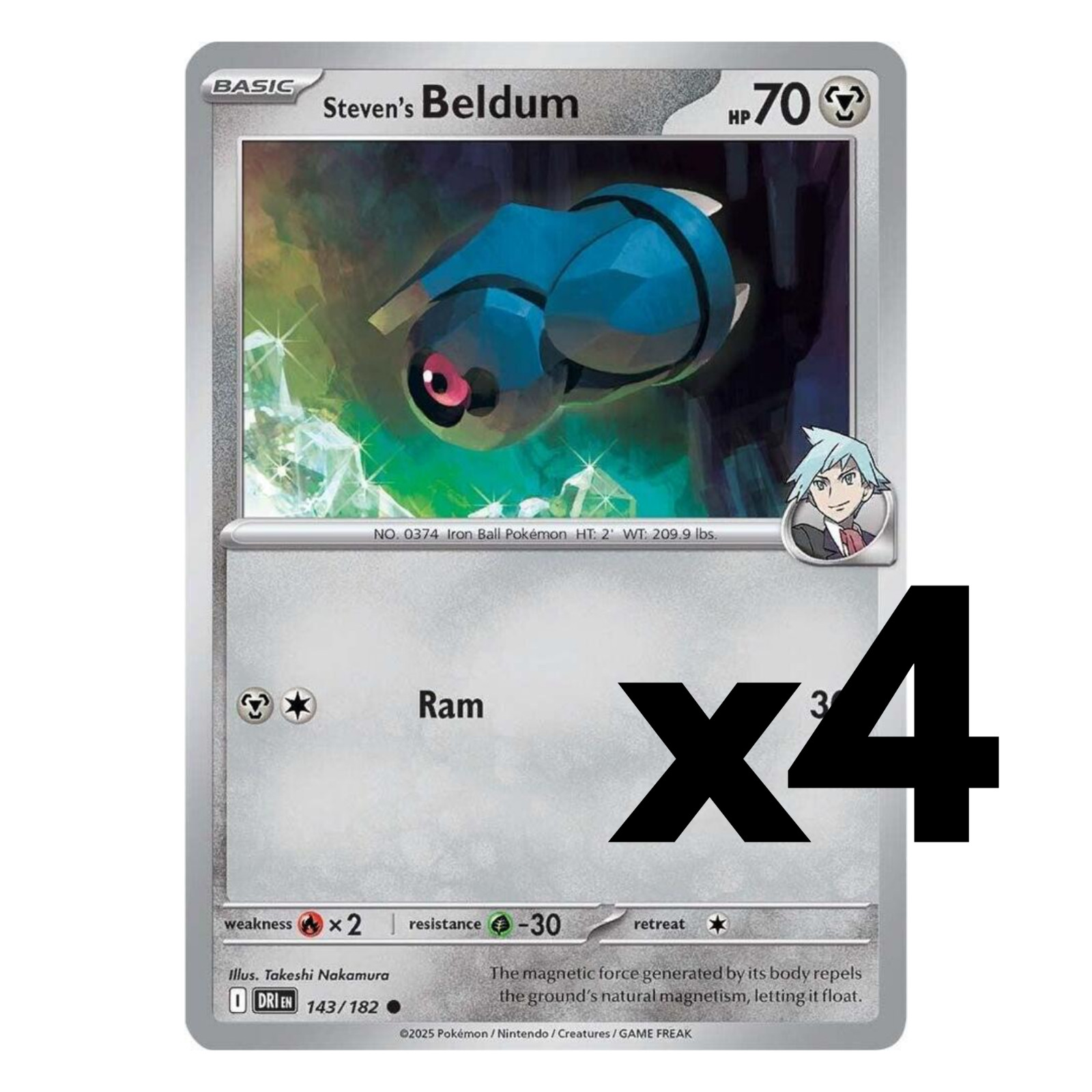 4x Steven’s Beldum – 143/182 – SV10: Destined Rivals Pokemon Playset x4