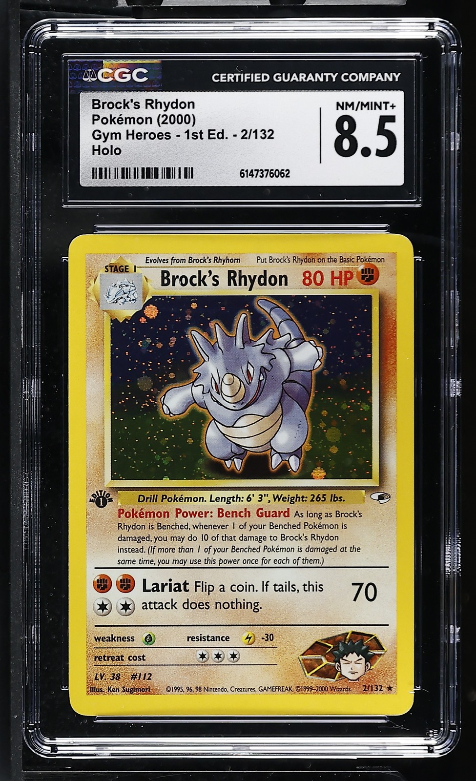 CGC 8.5 NM/MINT+ Brock’s Rhydon 2/132 Gym Heroes 1st Edition Holo Pokemon Card
