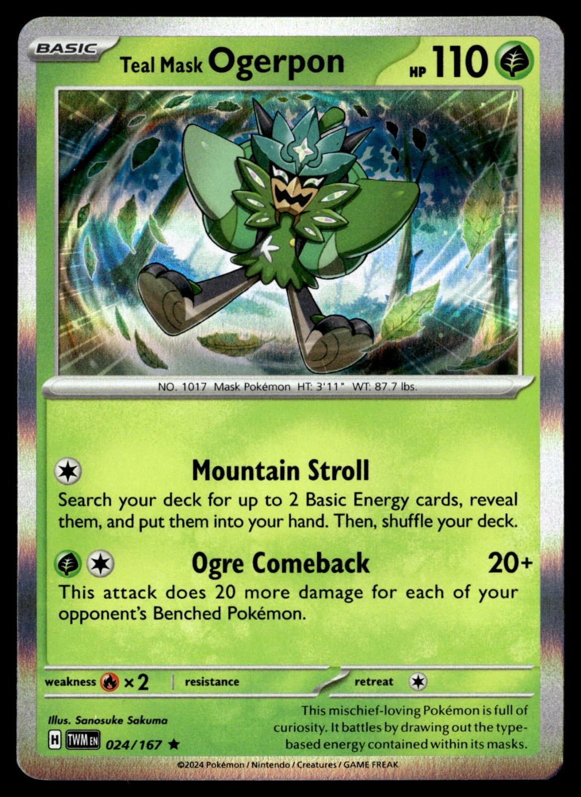 Teal Mask Ogerpon Holo Rare SV06: Twilight Masquerade 024/167 NM