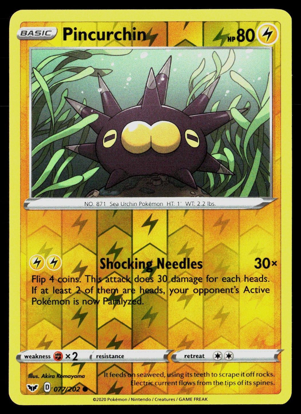 Pincurchin 077/202 Reverse Holo Common Akira Komayama Sword & Shield Pokemon LP