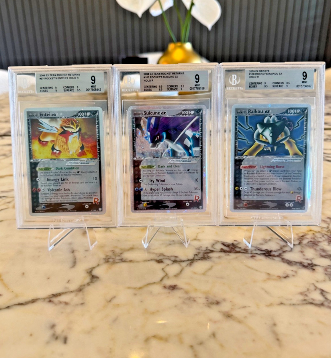 Pokemon Complete Set Team Rocket’s Entei, Suicune, Raikou EX BGS 9 Mint