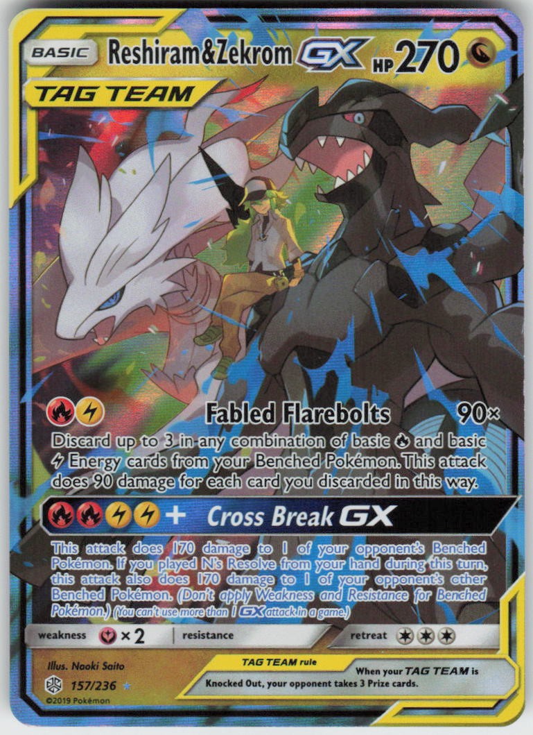 Reshiram & Zekrom GX 157/236 GX Rare Cosmic Eclipse Pokemon Holo Near Mint