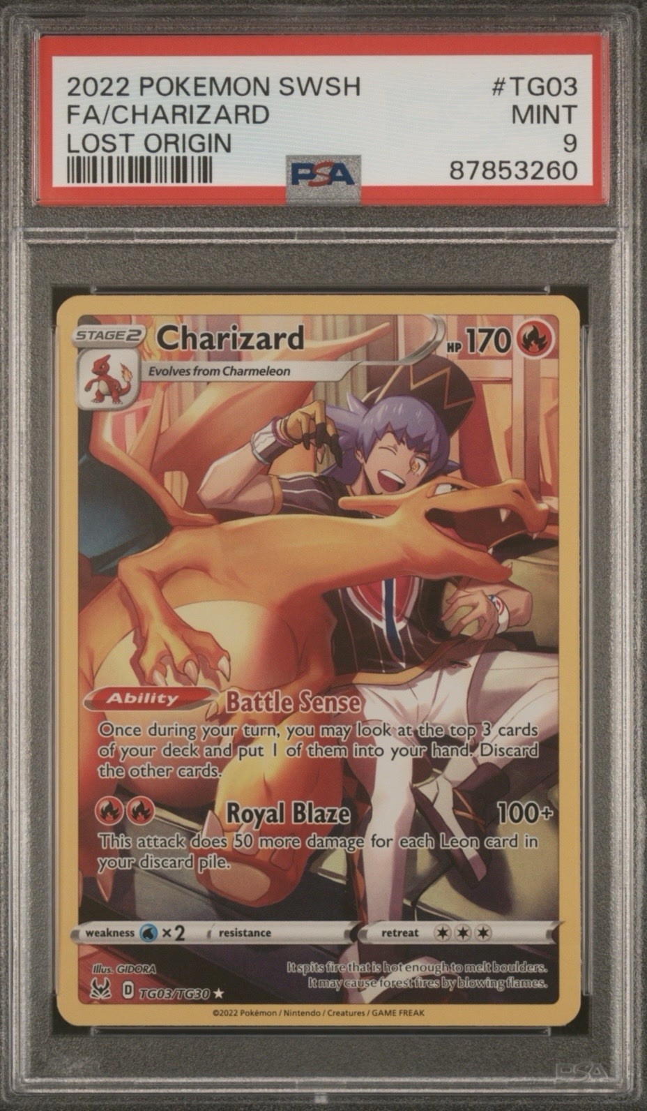 PSA 9 Charizard #TG03 Lost Origin Sword & Shield Trainer Gallery Full Art Holo