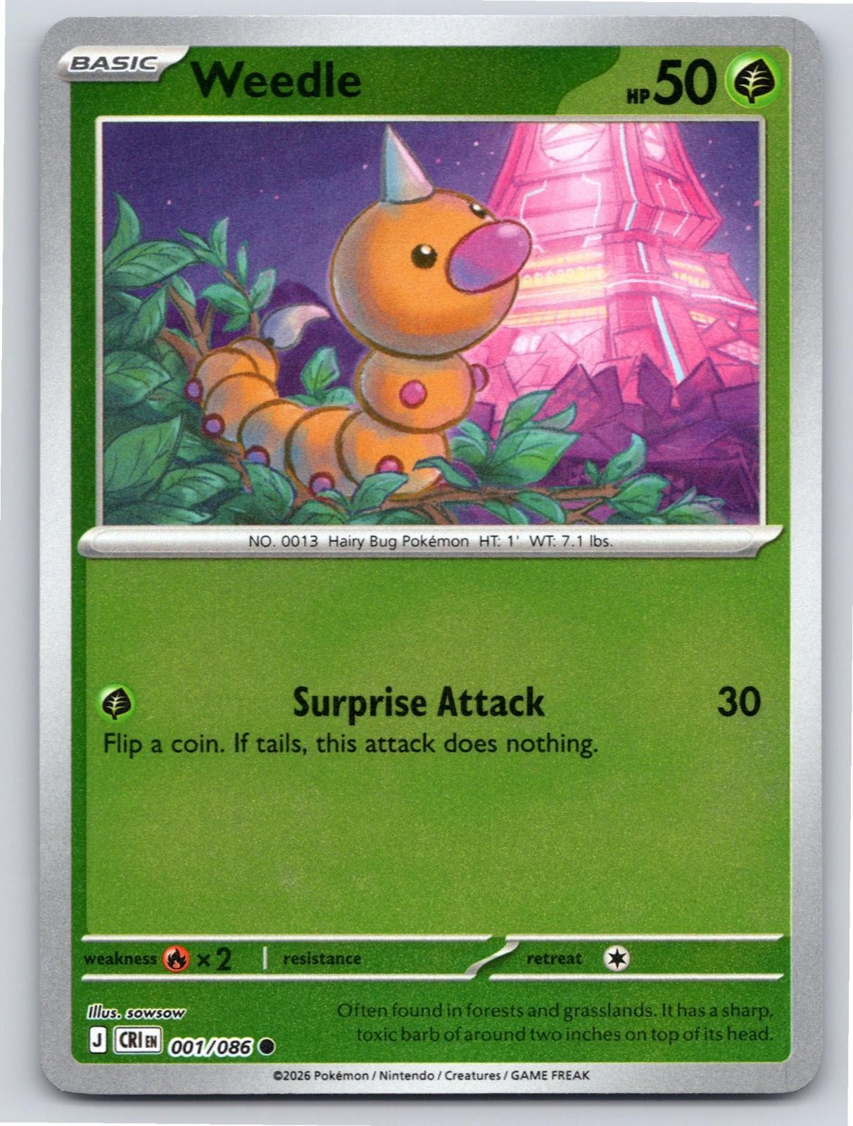 2026 POKEMON WEEDLE CHAOS RISING 001/086 REVERSE HOLO COMMON NM A4318 FREE S&H