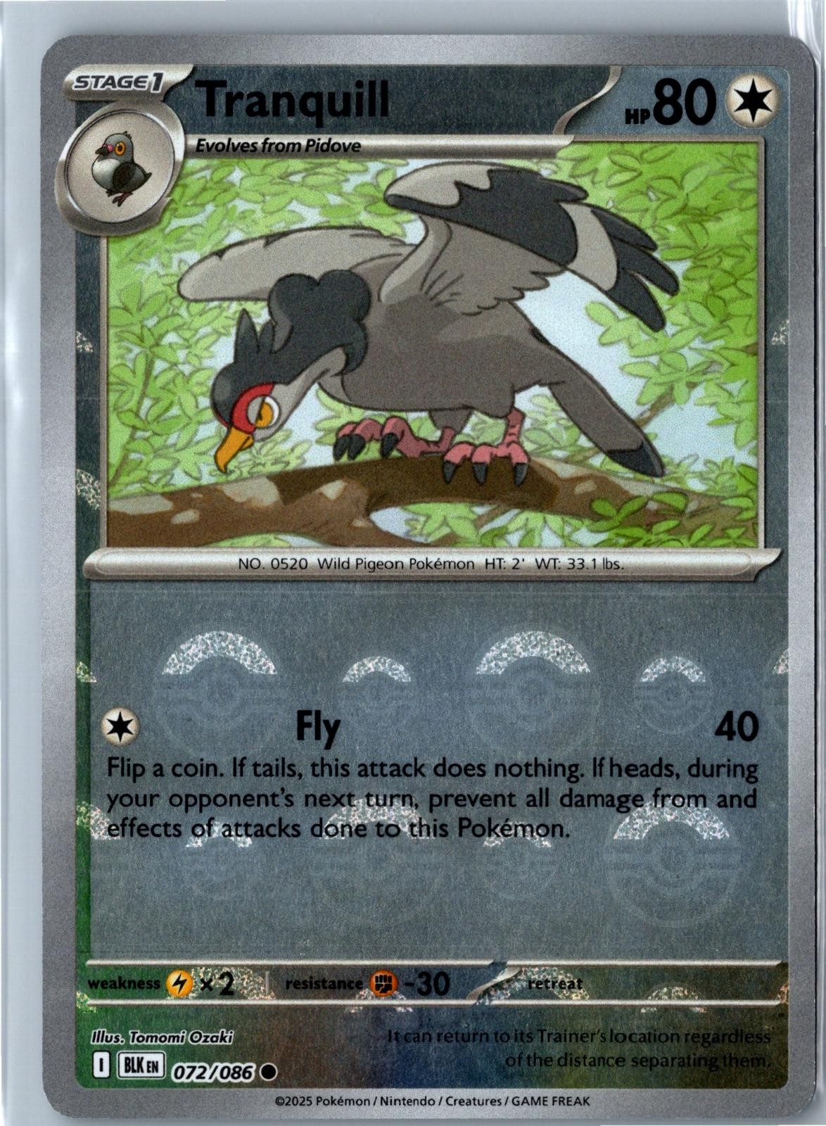 Pokemon Card – Tranquill (Poke Ball Pattern) Holo Black Bolt 072/086 Common NM
