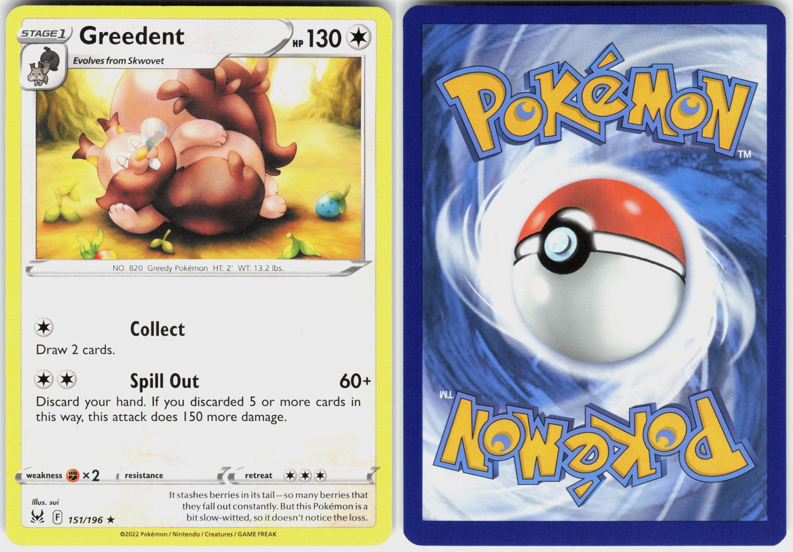 Greedent 151/196 Rare Lost Origin Pokemon NM