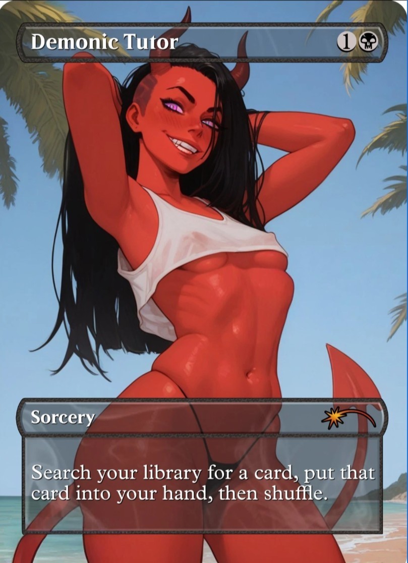 PLAYTEST MTG Demonic Tutor – FOIL Fanart Borderless Style – EDH COMMANDER