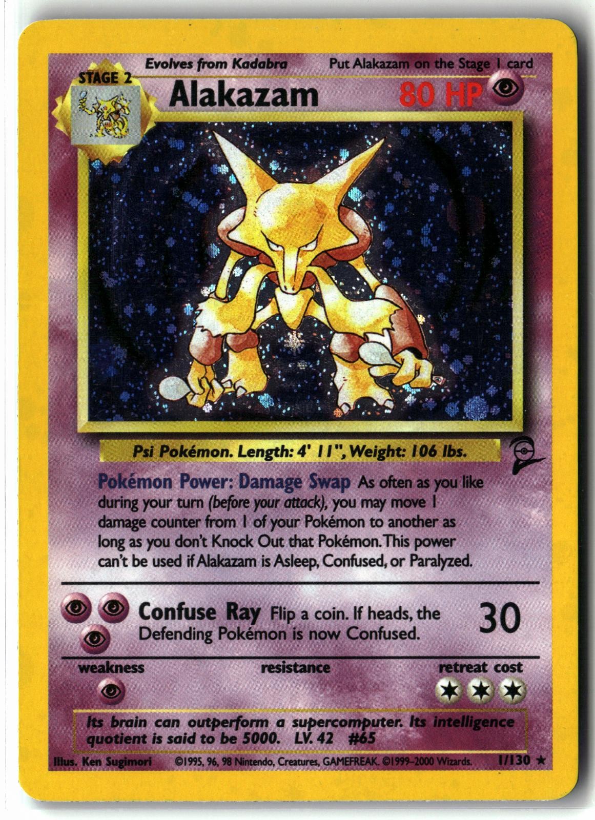 2000 Alakazam ⭐️ 1/130 Holo Rare Base Set 2 WOTC Vintage Pokemon NM