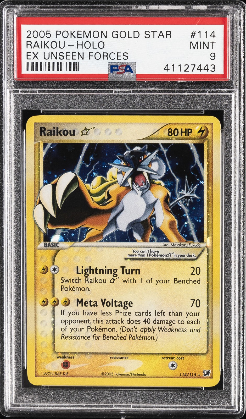 2005 POKEMON EX UNSEEN FORCES GOLD STAR #114 RAIKOU-HOLO PSA 9
