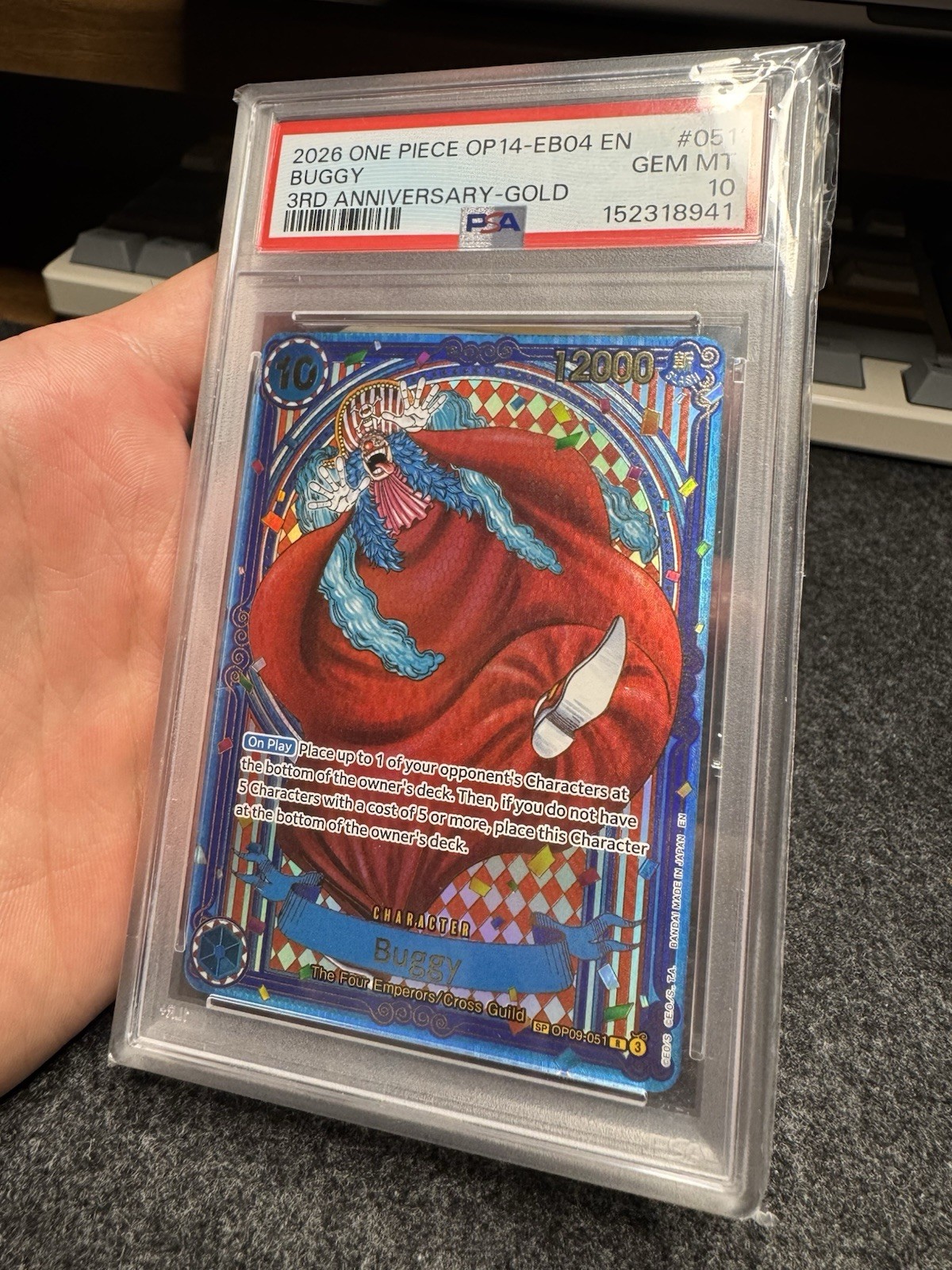 2026 One Piece OP14-EB04 EN 3rd Anniversary Gold #051 Buggy PSA 10 GEM MINT