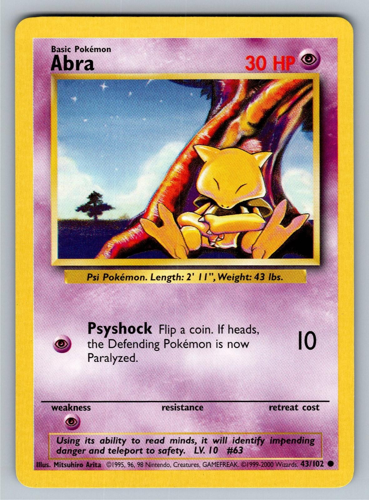 Abra 43/102 Common Base Set Unlimited Pokemon Lightly Played