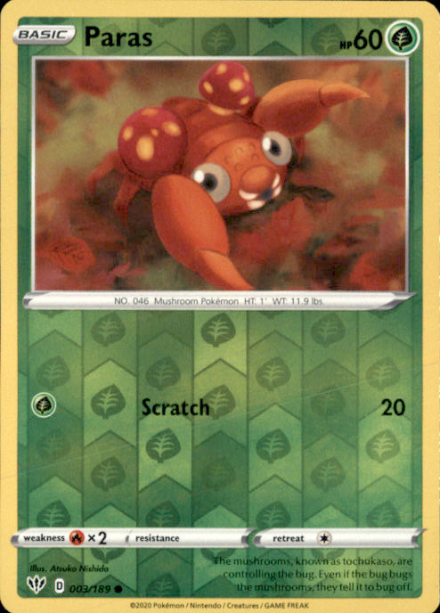 Paras Reverse Holo Common SWSH03: Darkness Ablaze 003/189 NM Atsuko Nishida 2020
