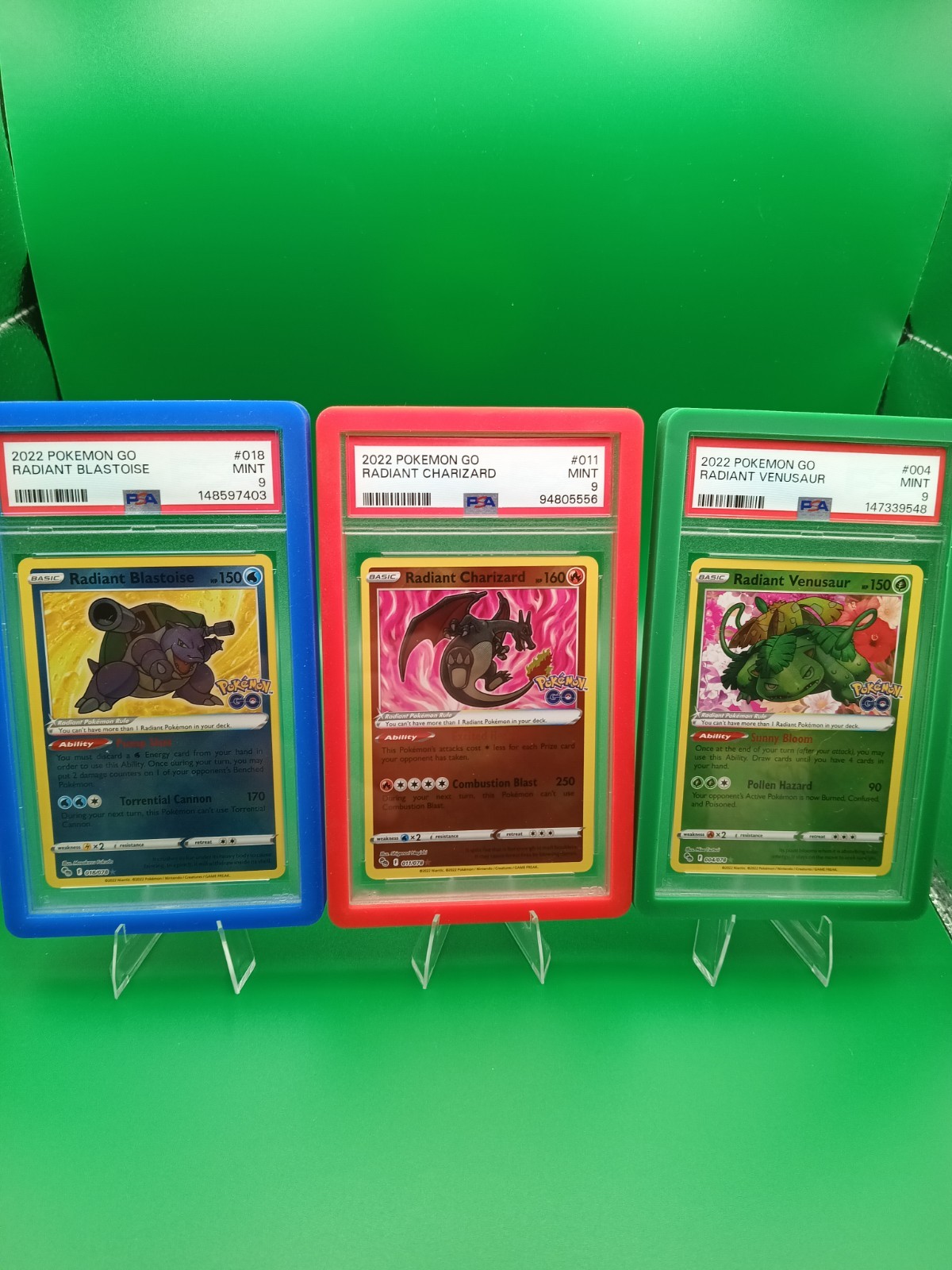 Pokémon TCG Radiant Charizard Blastoise Venusaur PSA 9 With Slab Guards Go