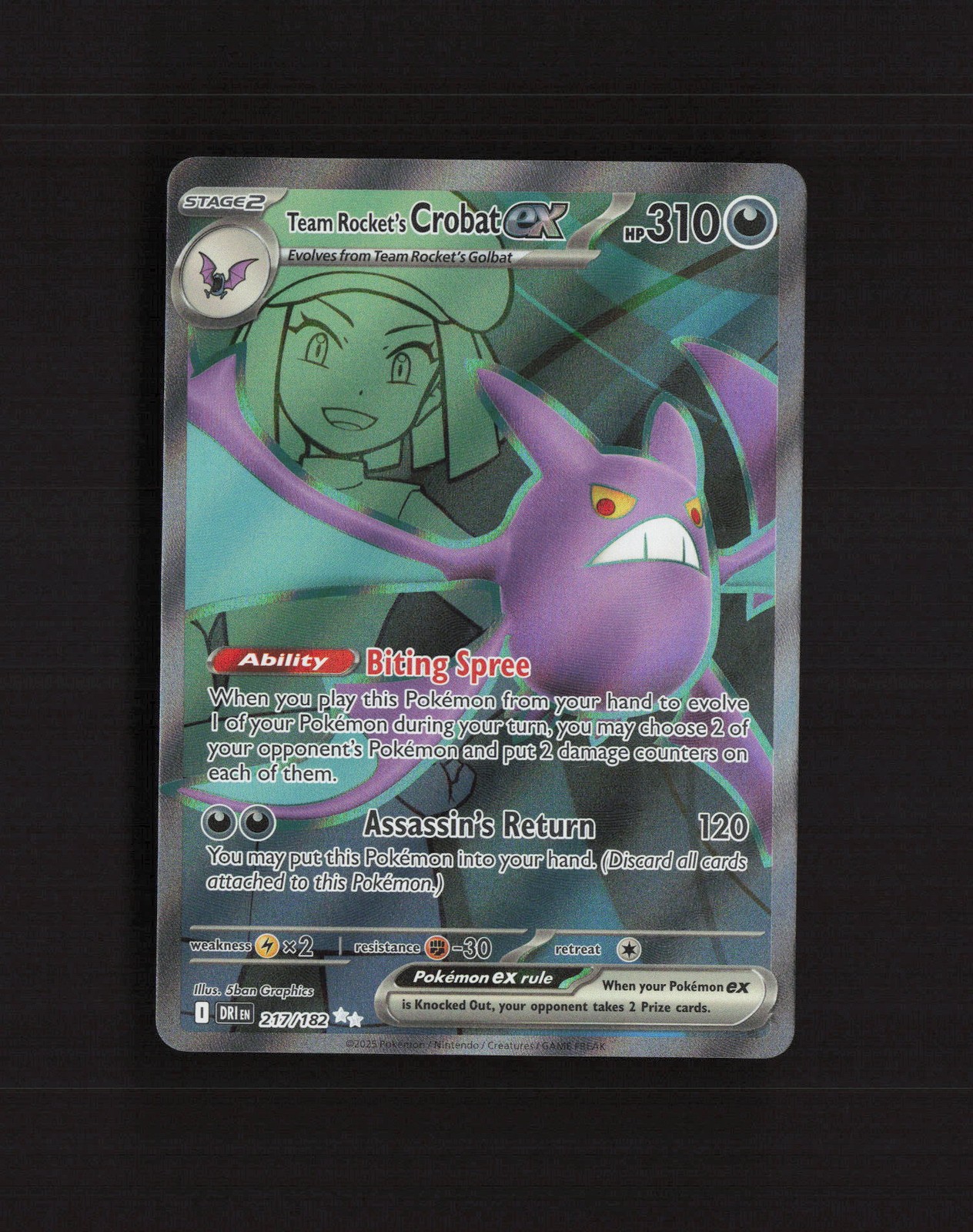 Team Rocket’s Crobat ex 217/182 Destined Rivals Full Art Holo Pokemon Card NM