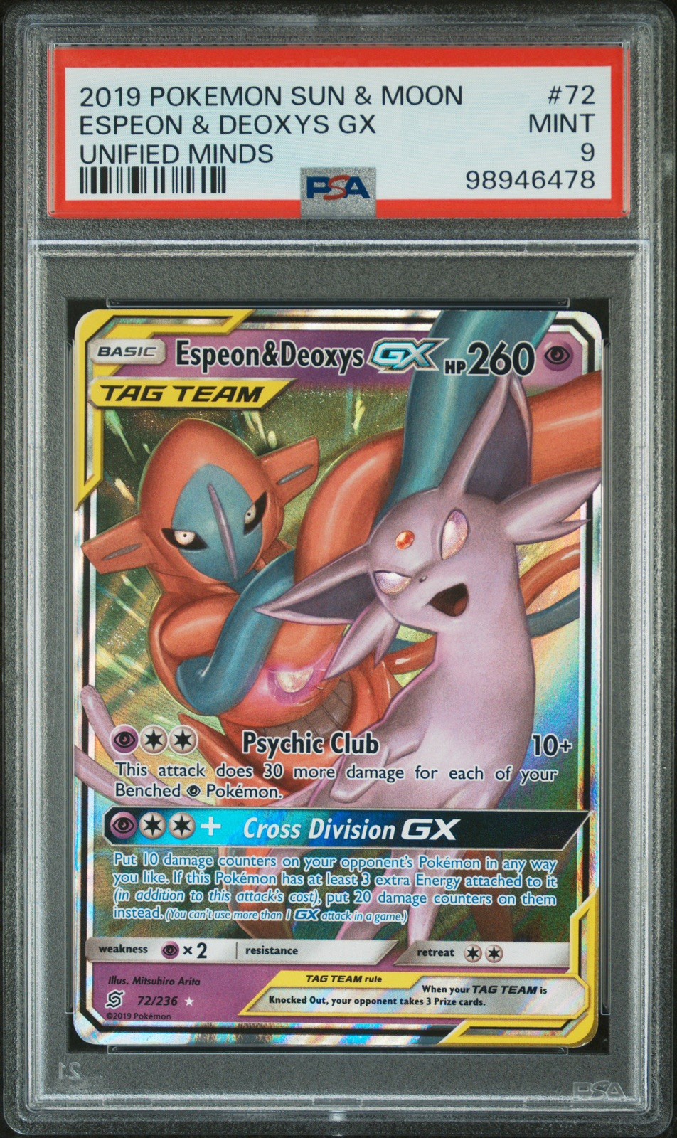 Espeon & Deoxys GX 72/236 Sm-Unified Minds Holo PSA 9