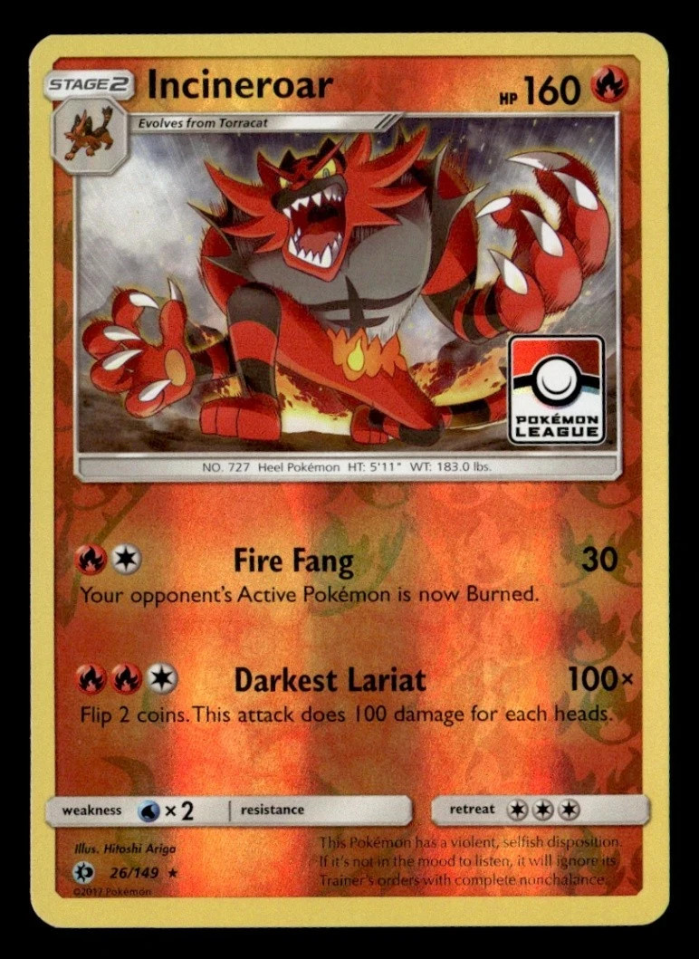 Incineroar 26/149 Reverse Holo Pokemon League Promo Sun & Moon Pokemon TCG NM