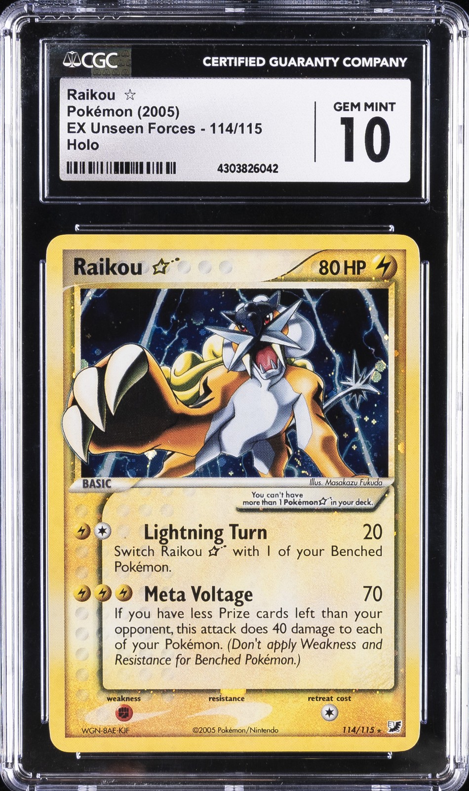 2005 POKEMON EX UNSEEN FORCES, HOLO #114/115 RAIKOU CGC 10 GEM MINT