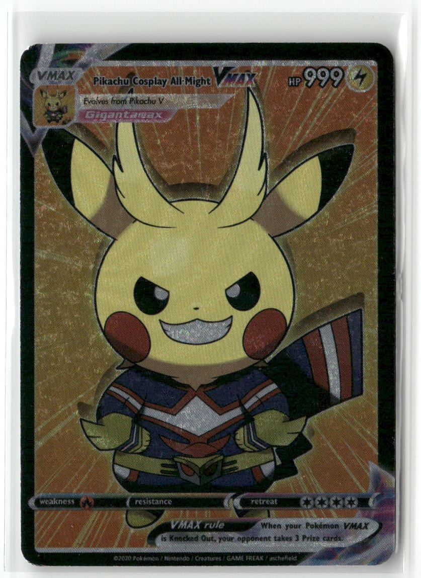 ALL MIGHT COSPLAY PIKACHU VMAX Holo Textured Custom Fan Art Collectible Card