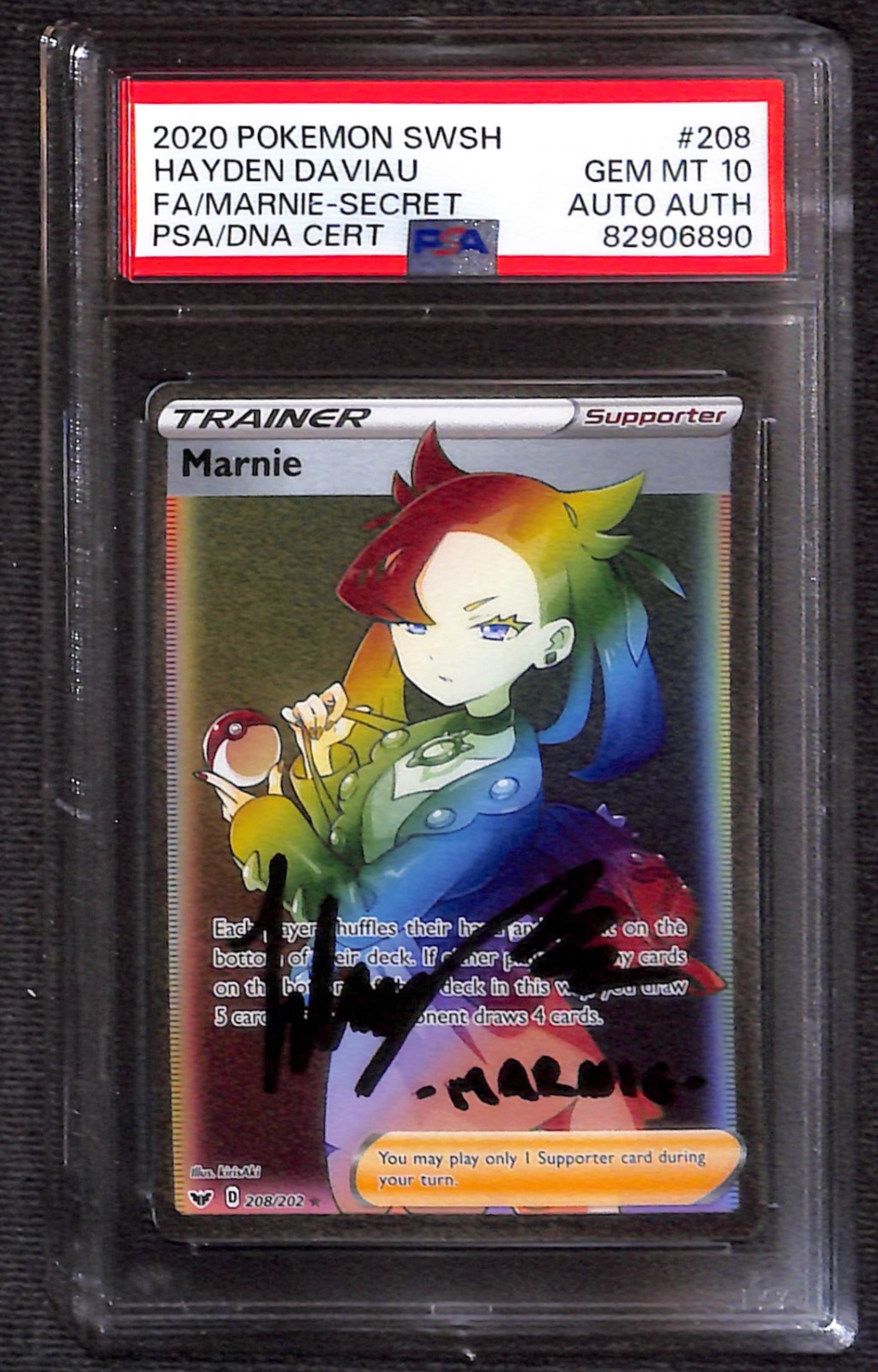 PSA GEM MINT 10 Signed Hayden Daviau Marnie Sword & Shield 208/202 Holo SR