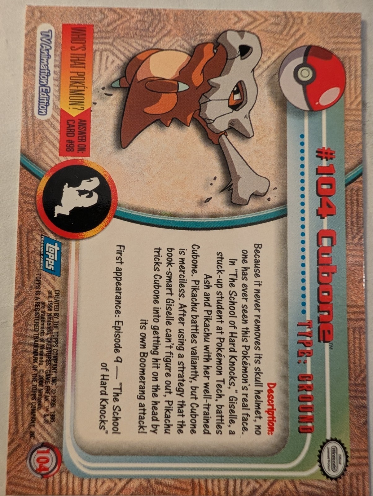 Cubone #104 2000 Topps Pokemon Series 2 Blue Logo
