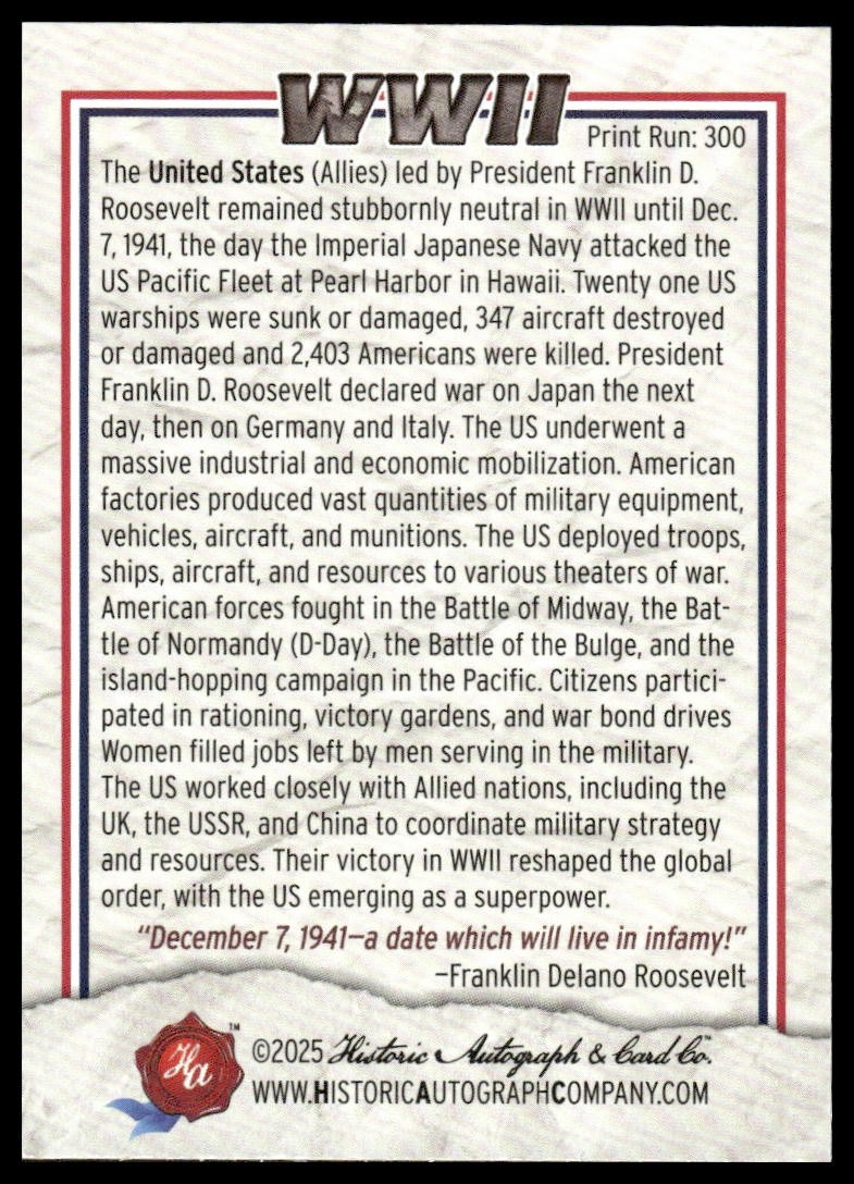 2025 Historic Autograph WW2 #117 United States Allies Print Run 300 Holiday NM