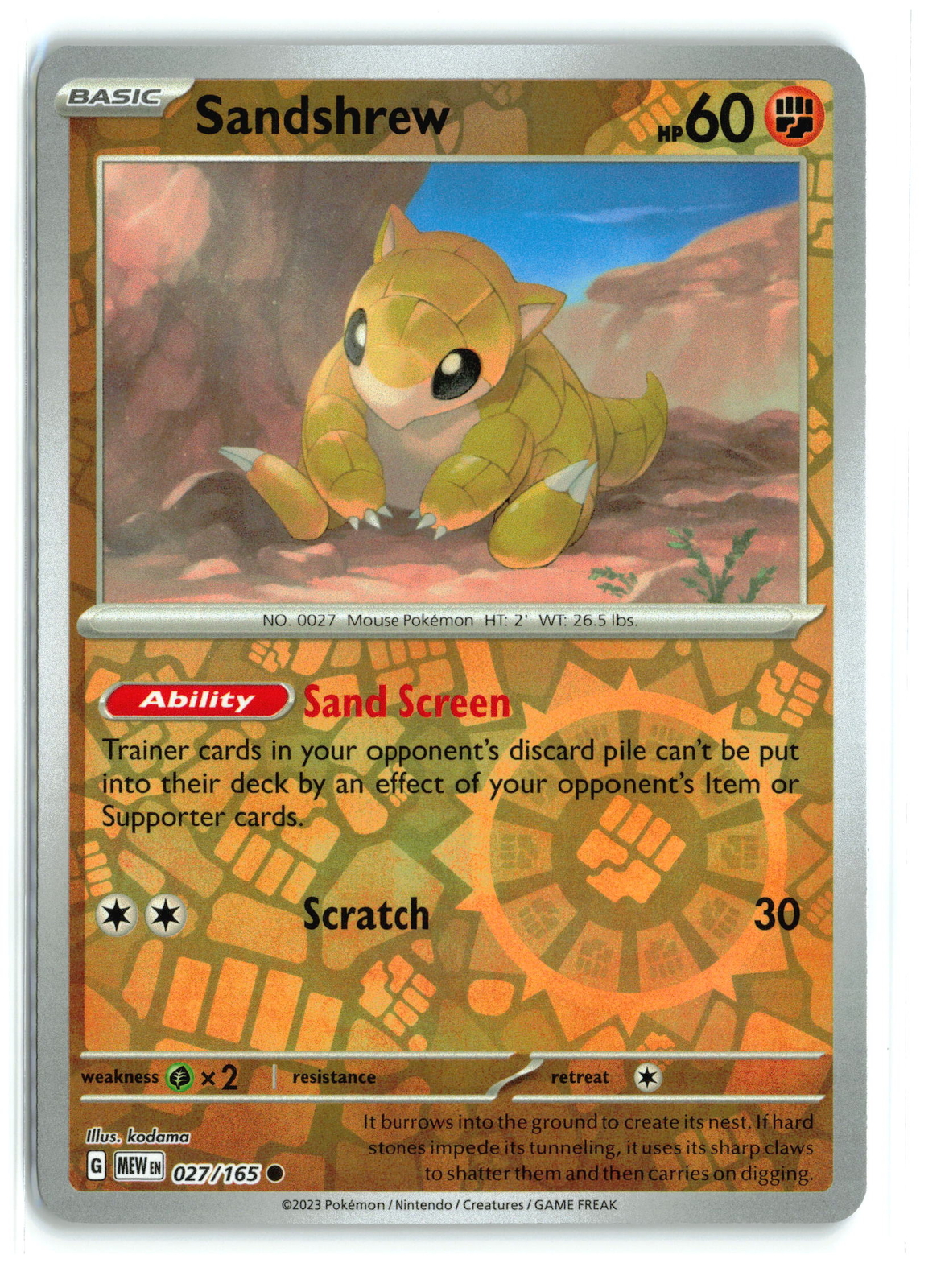 Sandshrew #027/165 SV Scarlet & Violet 151 Common Reverse Holo Pokemon TCG NM