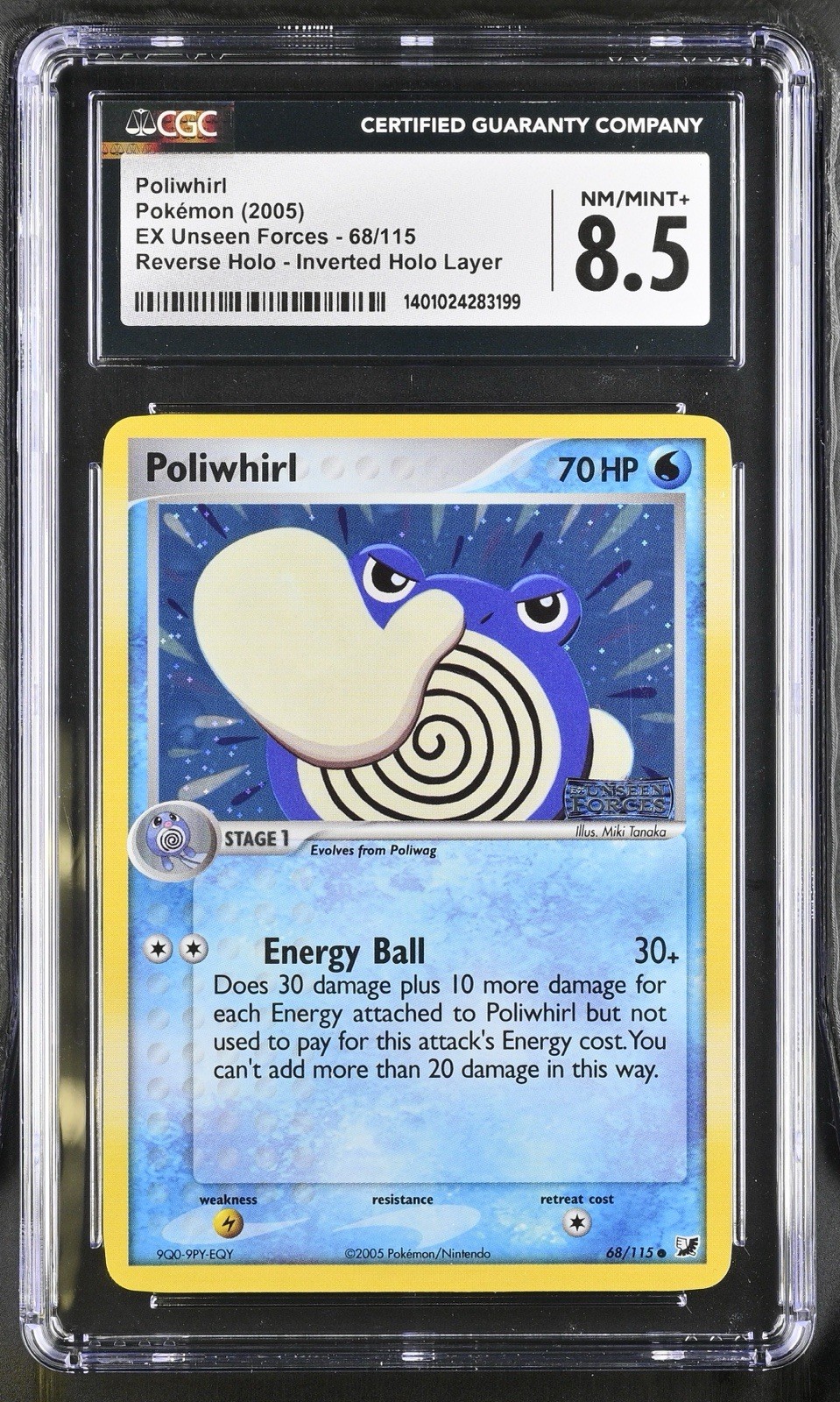 Poliwhirl 68/115 – 2005 Pokemon EX Unseen Forces Stamped Rev. Holo CGC 8.5