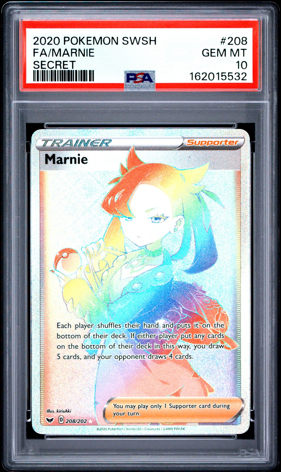 2020 POKEMON SWORD & SHIELD SECRET #208 FULL ART/MARNIE PSA 10