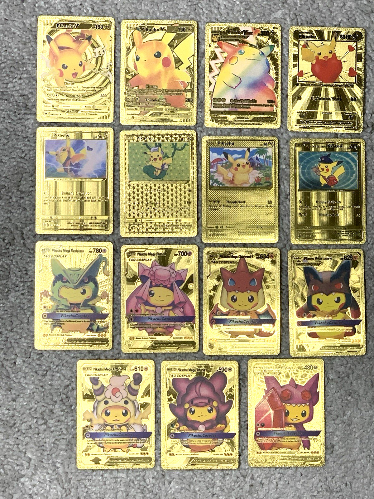 Set of 15 Pika + Complete 7 Card Cosplay Set Gold Foil Fan Art Cards