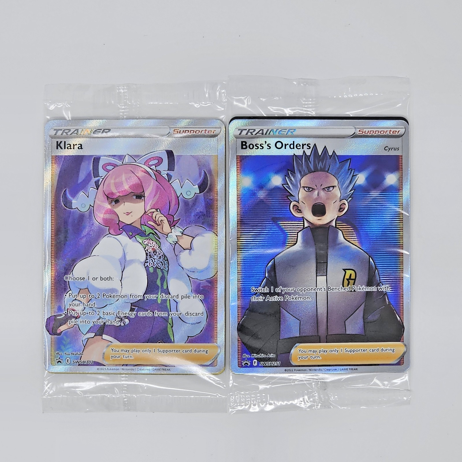 Pokemon SEALED Boss’s Orders Cyrus SWSH251 + Klara SWSH302 Promo Full Art
