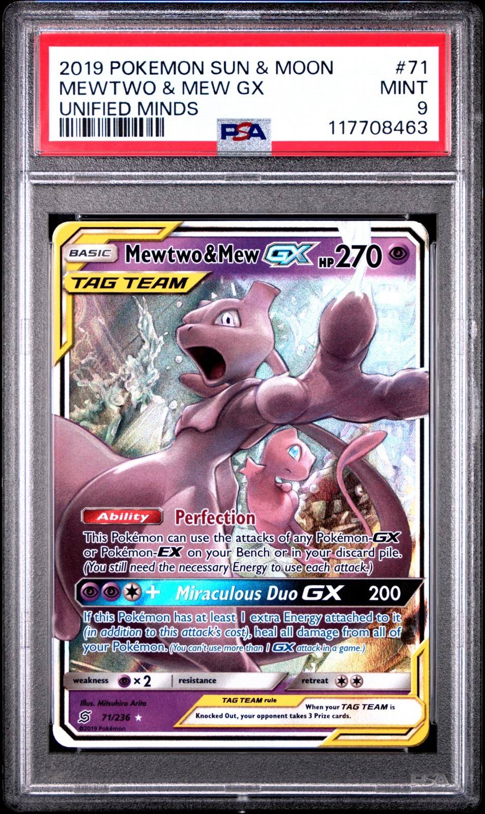 PSA 9 MINT – Mewtwo & Mew GX 71/236 Sm-Unified Minds Holo