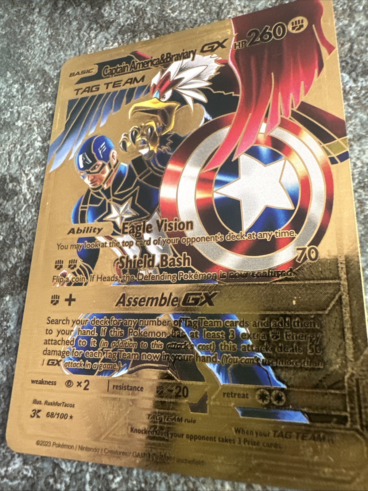 Captain America And Braviary Gx Gold Foil💥Fan Art 💥Rare Card NM