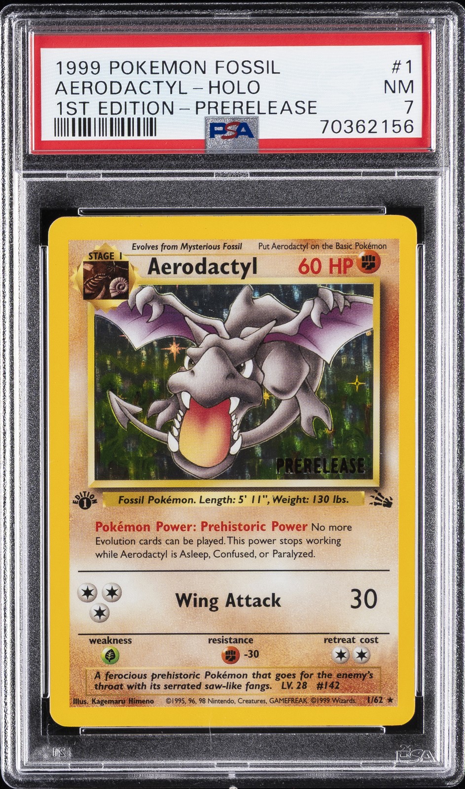 1999 POKEMON FOSSIL 1ST EDITION-PRERELEASE #1 AERODACTYL-HOLO PSA 7