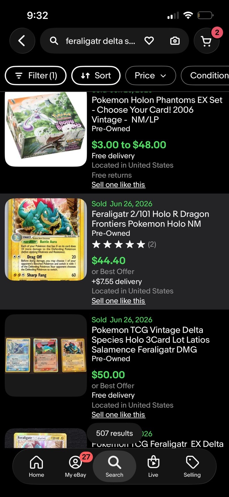 Feraligatr 2/101 Delta Species Holo R Dragon Frontiers Pokemon Holo NM