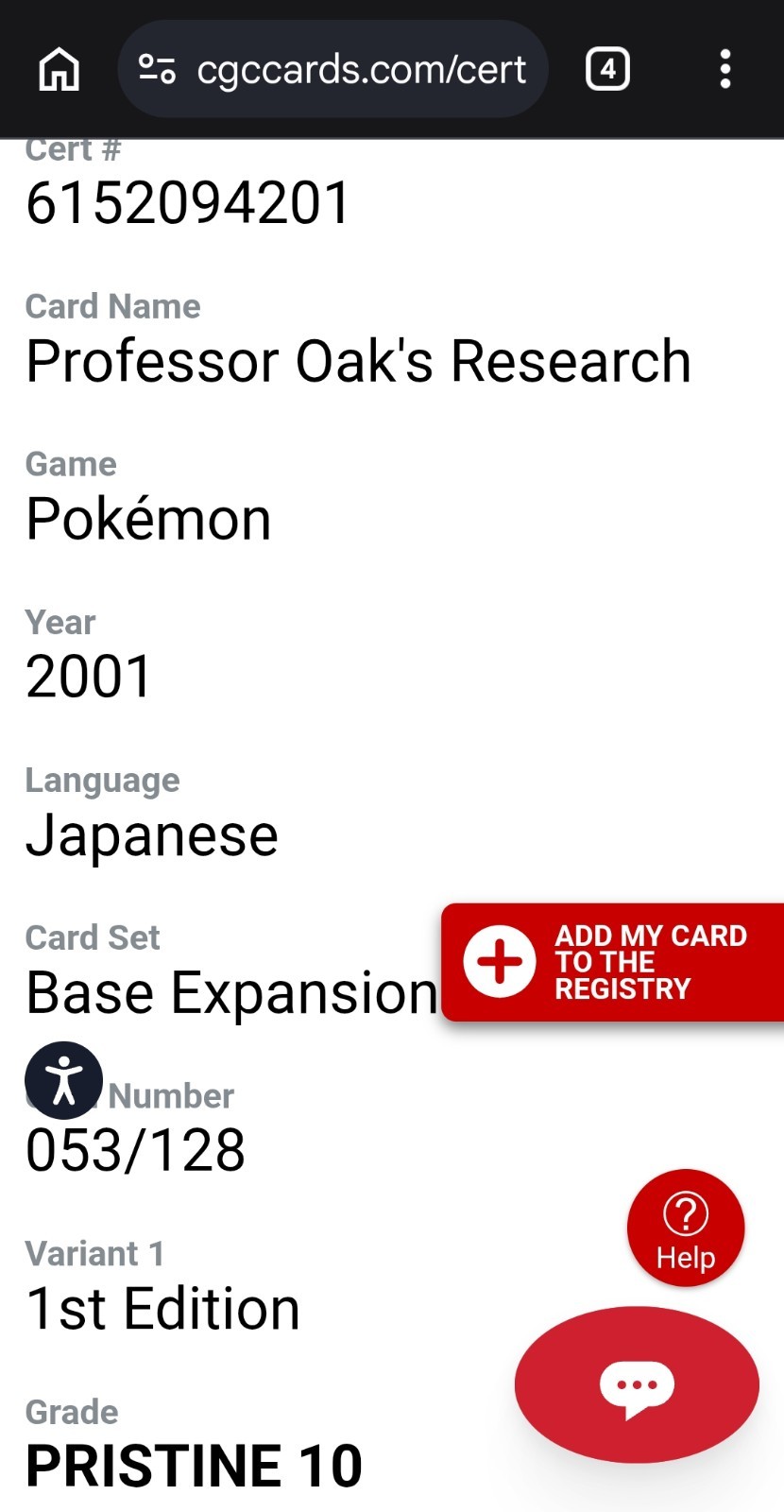 👑⭐ Professor Oaks Research 1st Edition Pop 4 Cert Pristine 10 Ereader 053/128