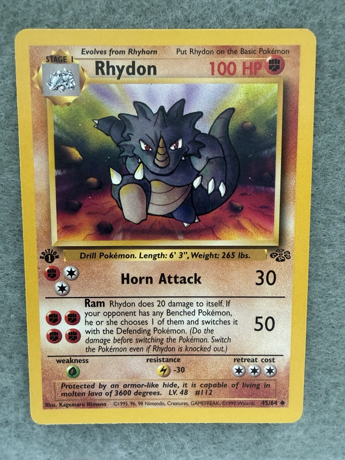1999 Pokémon TCG 1st Edition Rhydon 45/64 Jungle Set (LP)