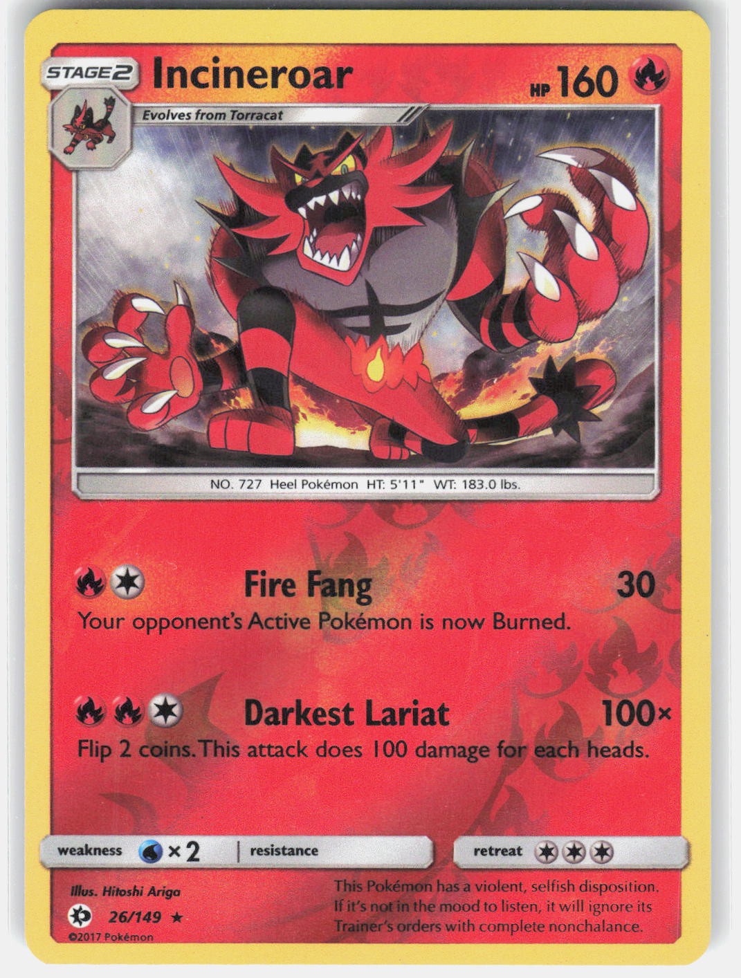 Incineroar 26/149 Rare SM Base Set Pokemon Reverse Holo Lightly Played