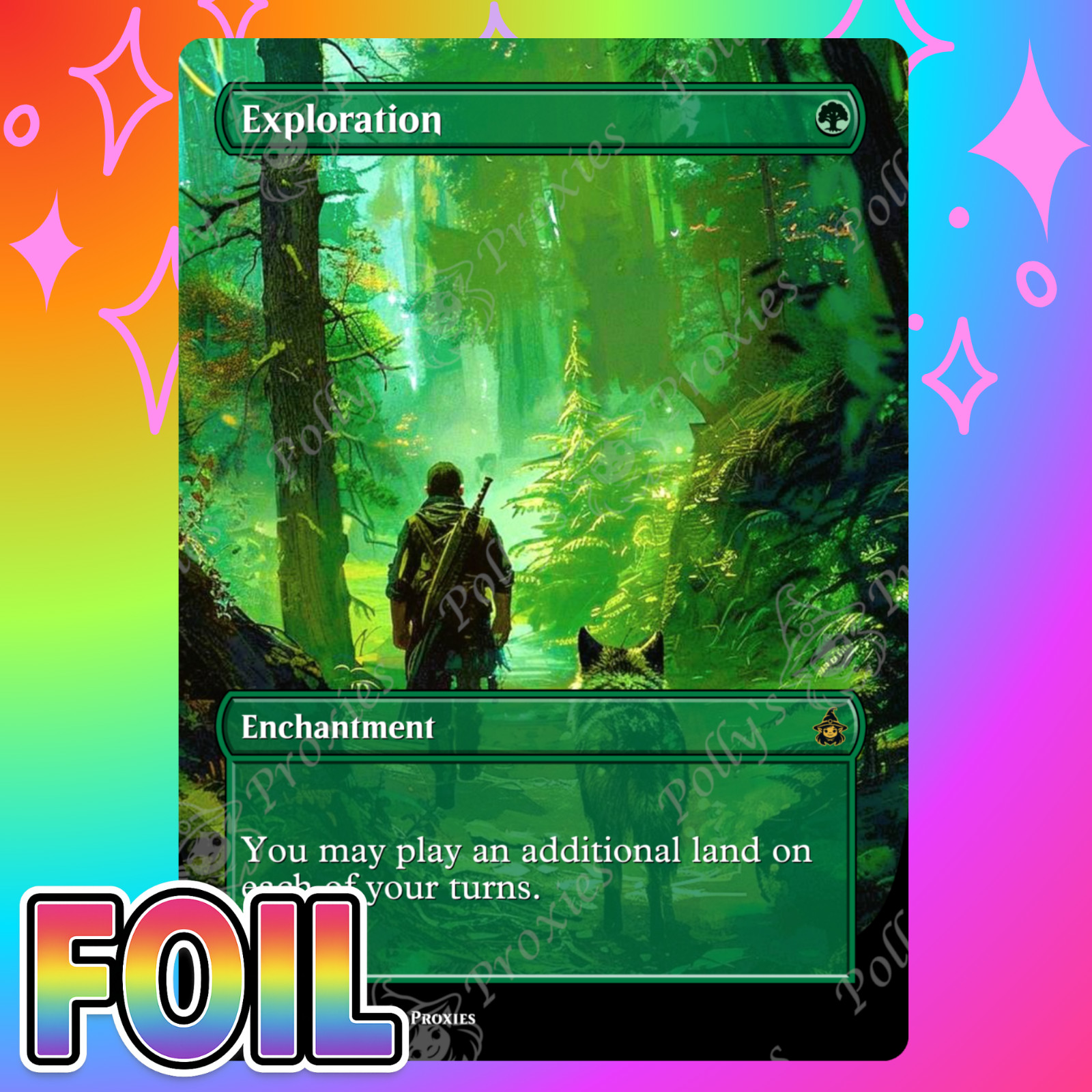 Exploration FOIL Proxy Playtest Card with Custom Fantasy Wolf Art Design
