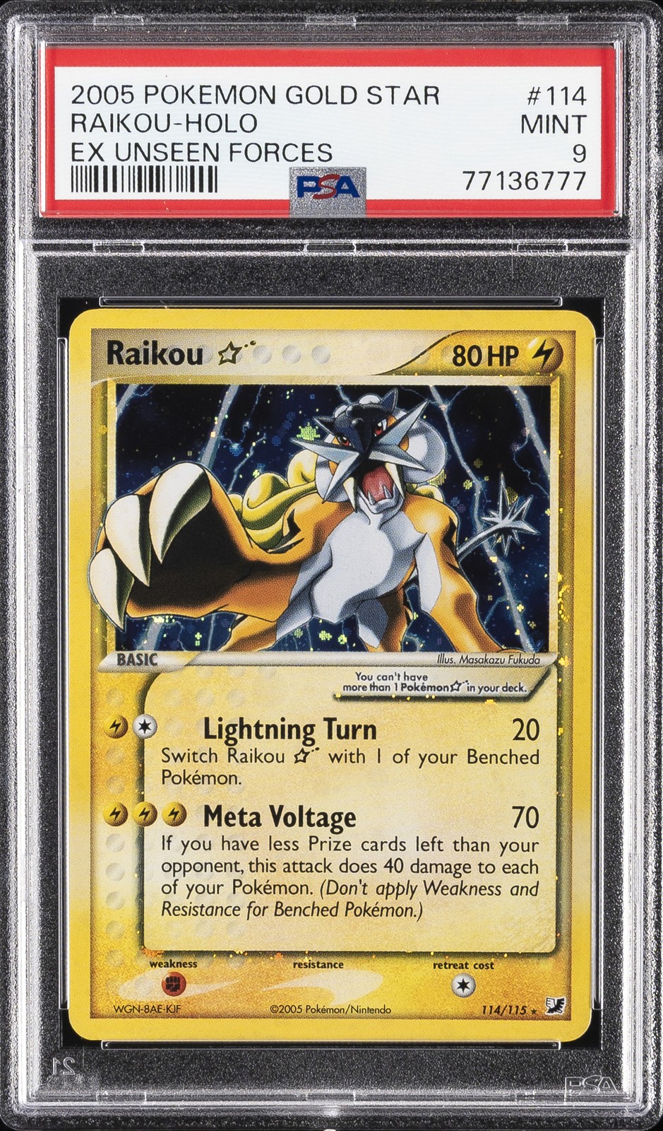 2005 POKEMON EX UNSEEN FORCES GOLD STAR #114 RAIKOU-HOLO PSA 9