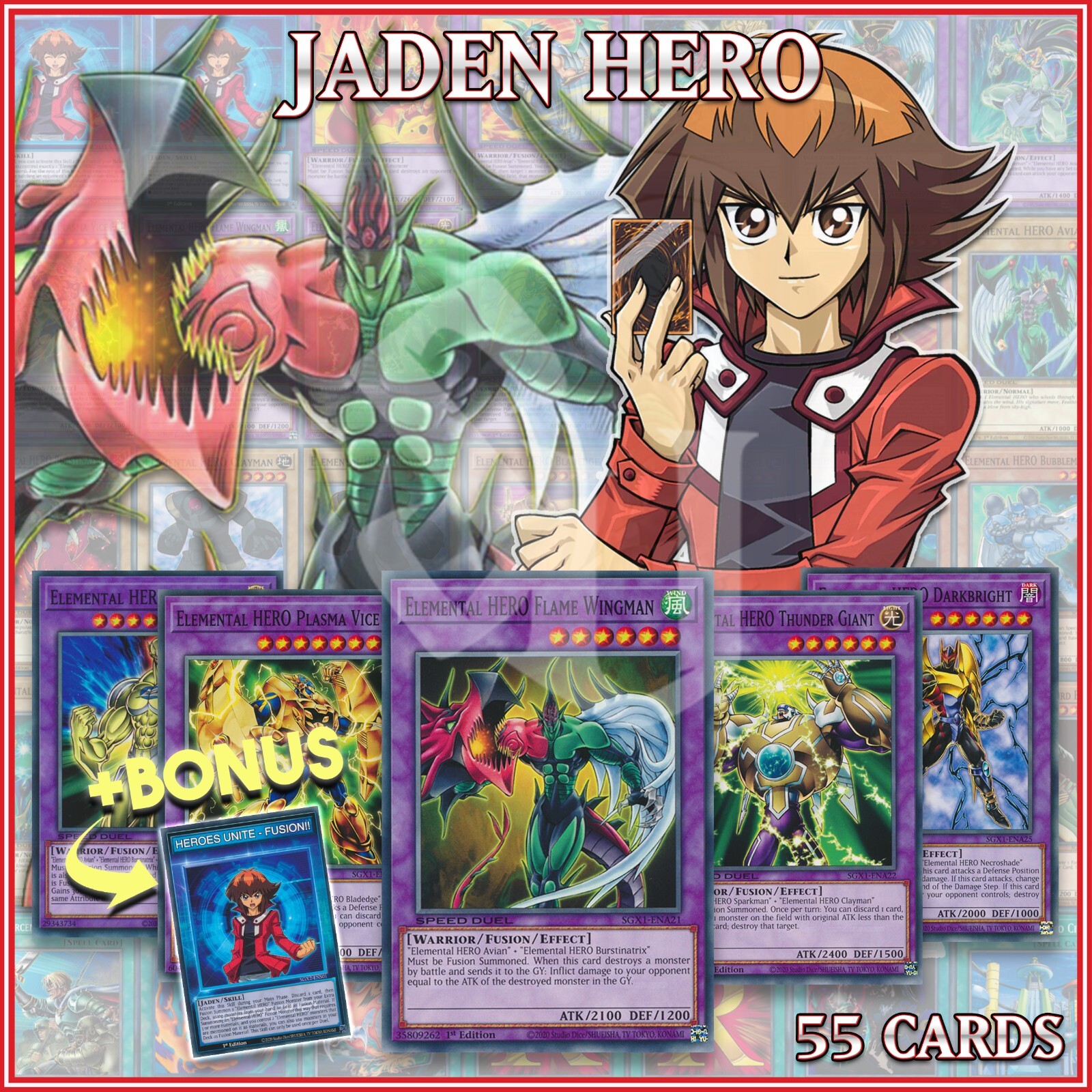 JADEN DECK 55 | Elemental Hero Clayman Flame Wingman Fifth Hope +BONUS YuGiOh