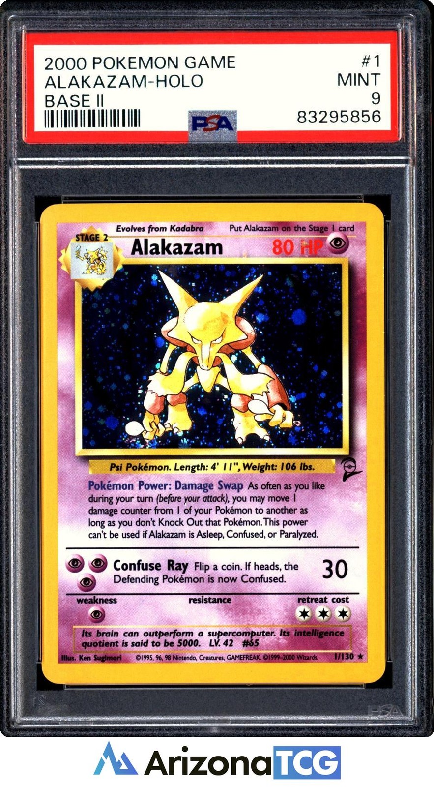 Pokemon 2000 Alakazam 1/130 Holo Base Set 2 PSA 9