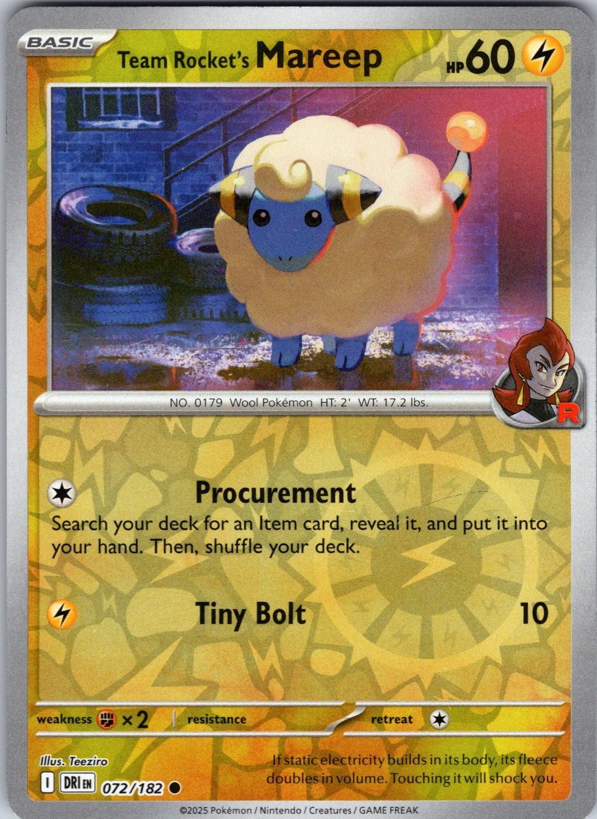 Team Rocket’s Mareep 072/182 Common Destined Rivals Pokemon Reverse Holo NM
