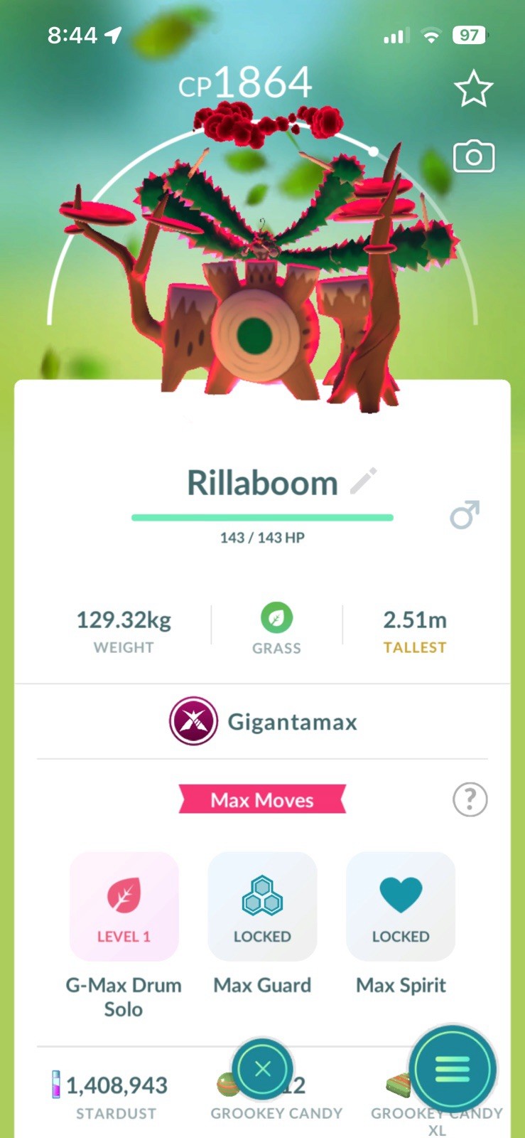 Pokemon Go Non Shiny Gmax / Gigantamax Rillaboom- Registered or 30days
