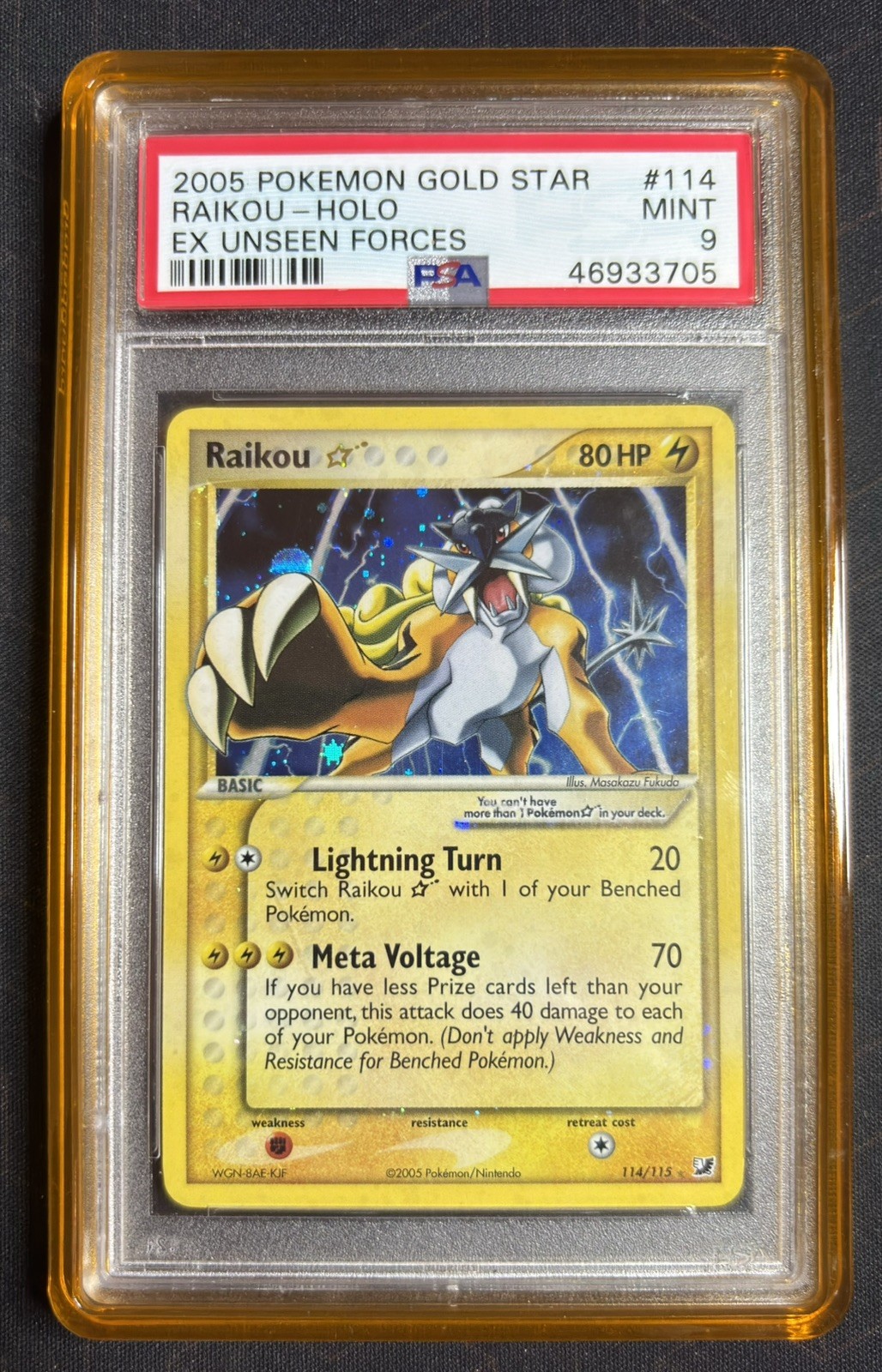 2005 POKEMON EX UNSEEN FORCES GOLD STAR #114 RAIKOU-HOLO PSA 9