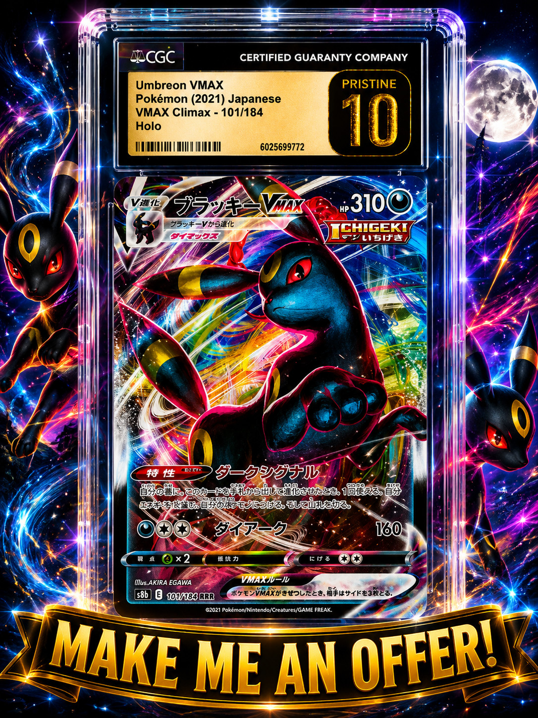 UMBREON RARE HOLO FULL ART HOLO REFRACTOR FOIL GRADED POKEMON CARD CGC 10 GOLD